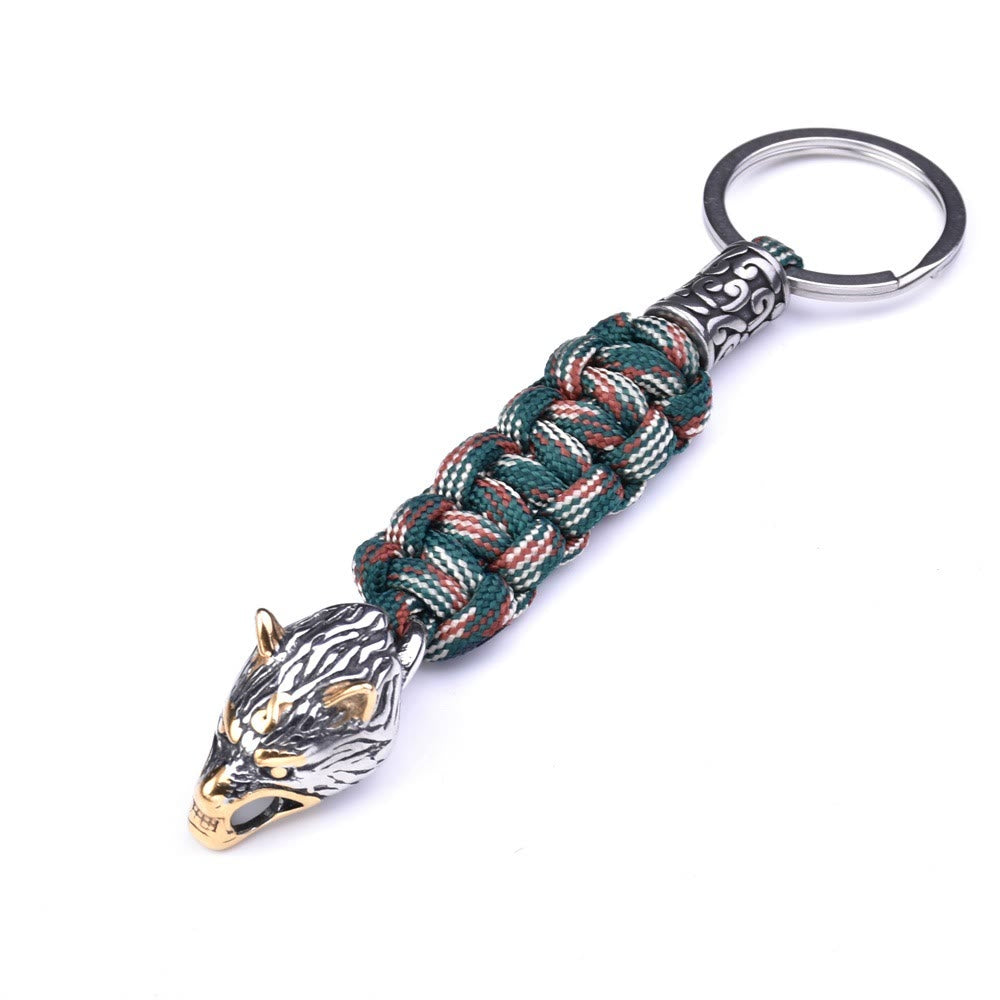 WorldNorse Stainless Steel Wolf Head Paracord Keychain