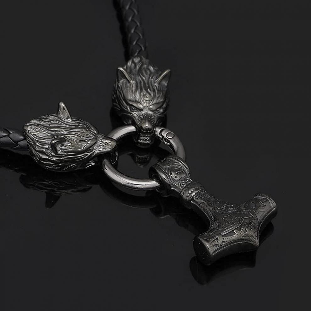 Flash Sale - Viking Mjolnir Wolf Leather Rope Necklace