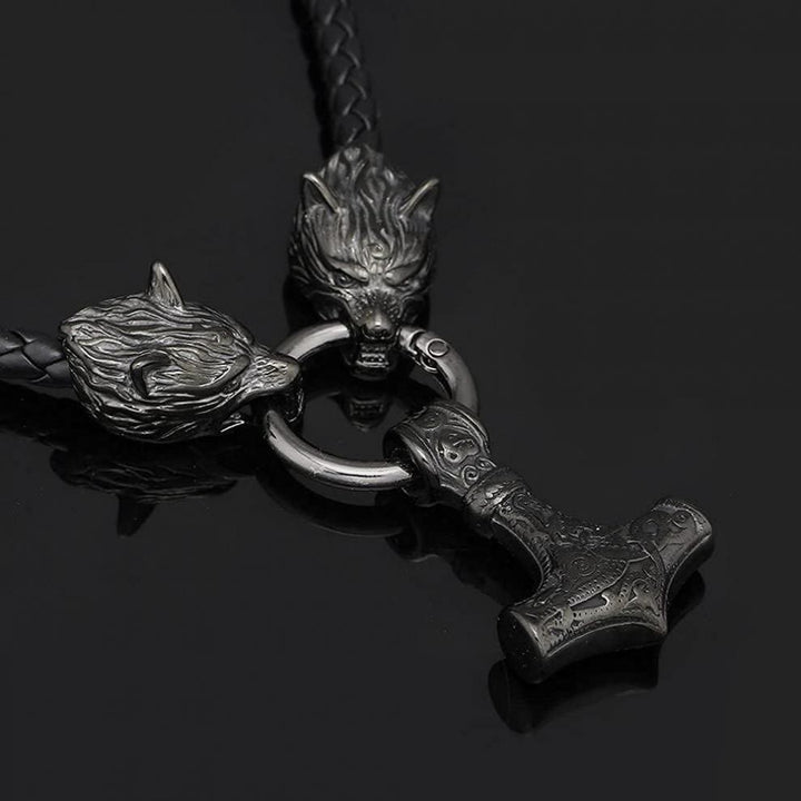 Flash Sale - Viking Mjolnir Wolf Leather Rope Necklace