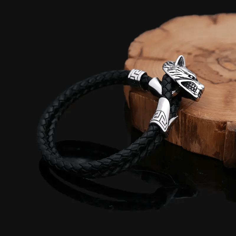 WorldNorse Wolf Head Double Leather Braided Bracelet