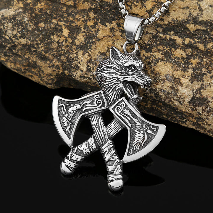 WorldNorse Double Axe With Wolf Head Necklace