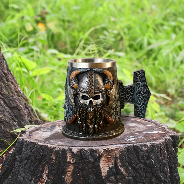 WorldNorse Mjolnir Skull With Horned Helmet Tankard Mug