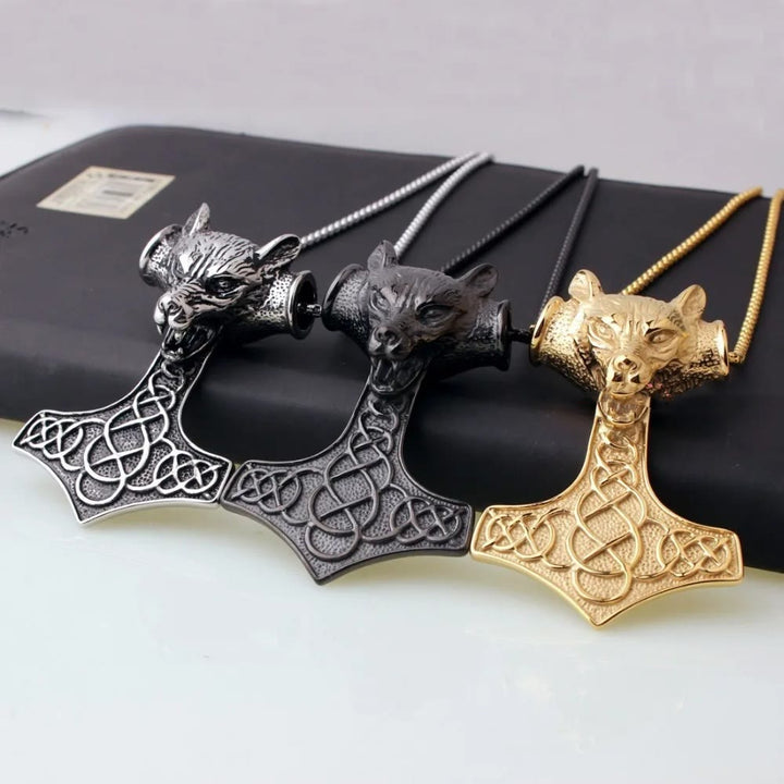 WorldNorse 3 Color Thor's Hammer Wolf Head Necklace