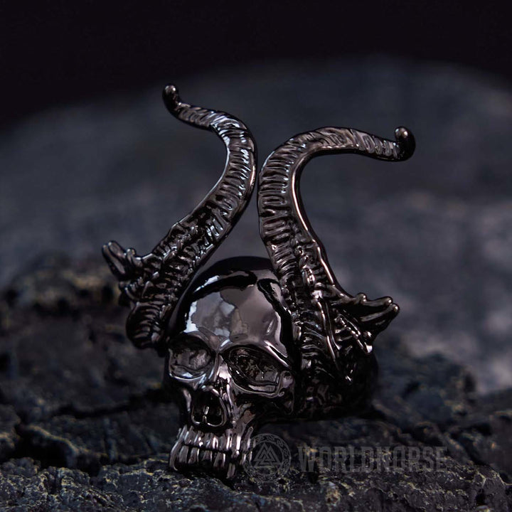 WorldNorse Devil Horns Black Skull Ring