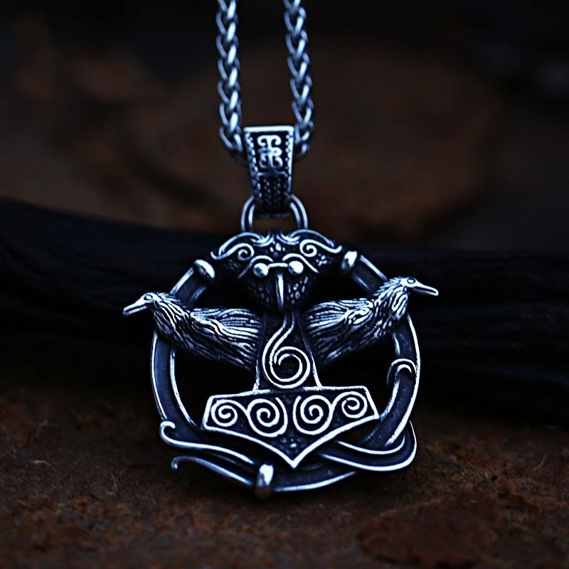 WorldNorse Thor's Hammer Side Raven Necklace