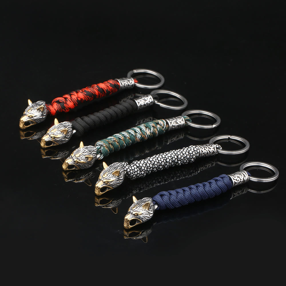 WorldNorse Stainless Steel Wolf Head Paracord Keychain