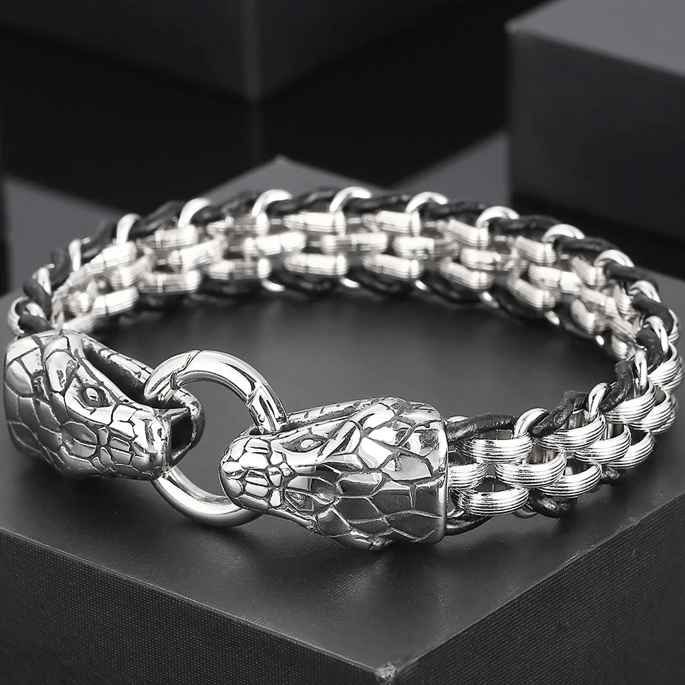 WorldNorse Snake Heads Buckle Braided Leather Bracelet