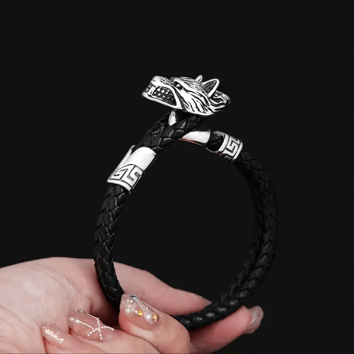 WorldNorse Wolf Head Double Leather Braided Bracelet