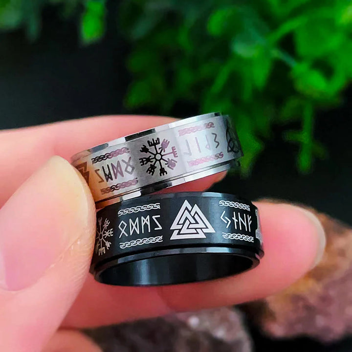 WorldNorse Viking Symbol Valknut Mjolnir Rune Triquetra Rotatable Ring
