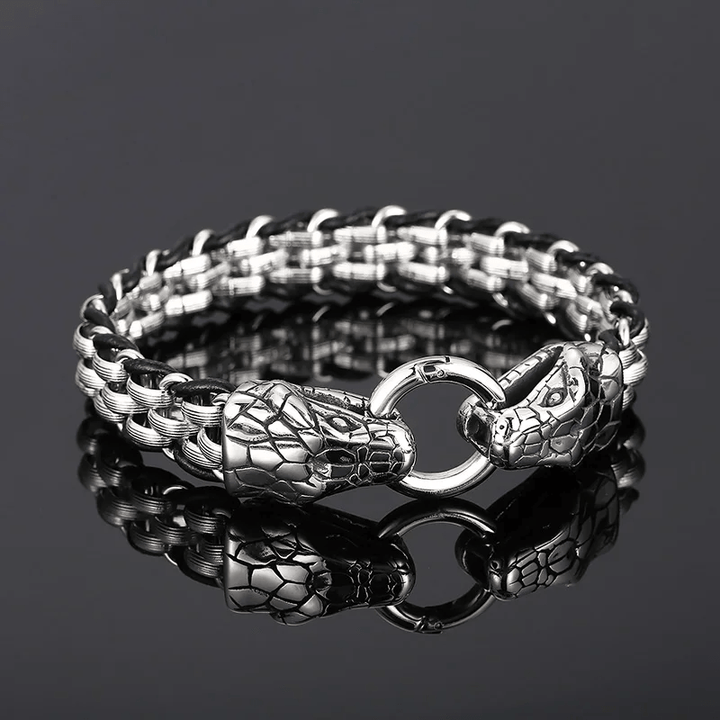 WorldNorse Snake Heads Buckle Braided Leather Bracelet