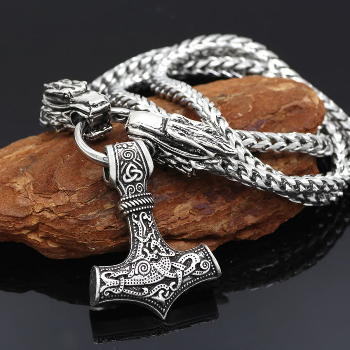 WorldNorse Mjolnir With Norse Double Dragon Keel Chain Necklace