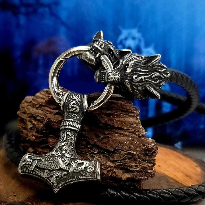 WorldNorse Viking Mjolnir Wolf Leather Rope Necklace