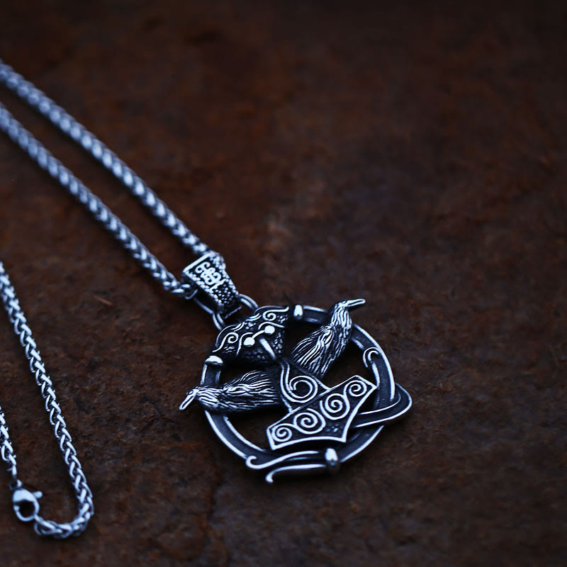 WorldNorse Thor's Hammer Side Raven Necklace