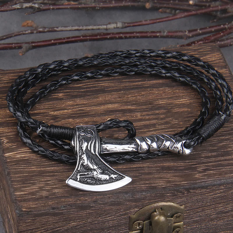 WorldNorse Viking Valknut Axe Amulet Multilayer Leather Bracelet