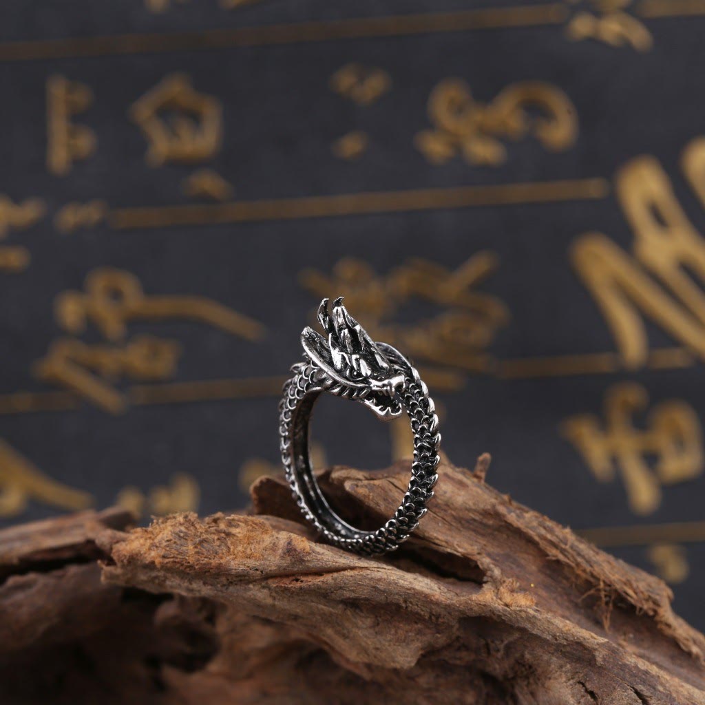 WorldNorse Darkened Steel and Silver Dragon Ring