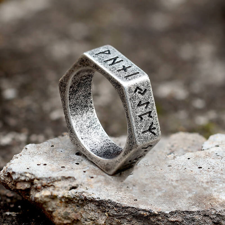 WorldNorse Viking Runes Hexagon Stainless Steel Geometric Ring