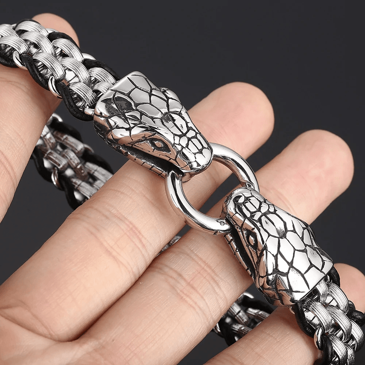 WorldNorse Snake Heads Buckle Braided Leather Bracelet