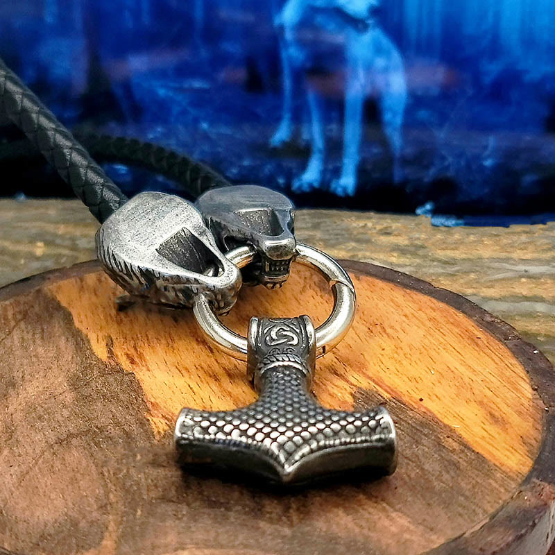 WorldNorse Viking Mjolnir Wolf Leather Rope Necklace