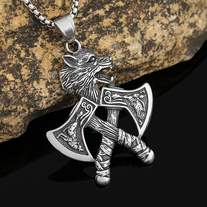 WorldNorse Double Axe With Wolf Head Necklace