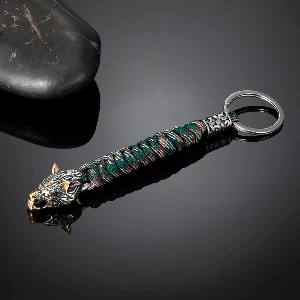 WorldNorse Stainless Steel Wolf Head Paracord Keychain