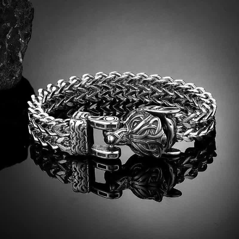 WorldNorse Men's Viking Silver Wolf Head Bracelet - 9.06” (23cm) - image 0