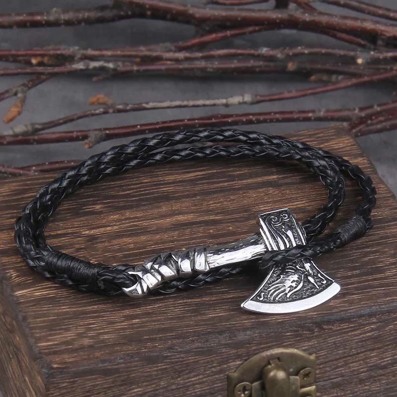 WorldNorse Viking Valknut Axe Amulet Multilayer Leather Bracelet