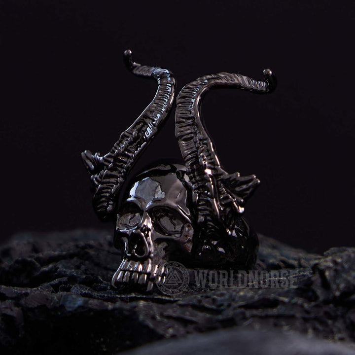 WorldNorse Devil Horns Black Skull Ring